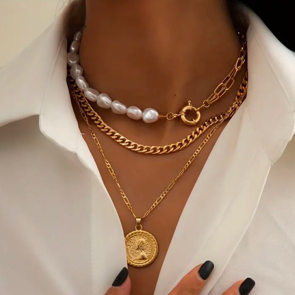 Pearl & Gold Chain Necklaces - 3 piece
